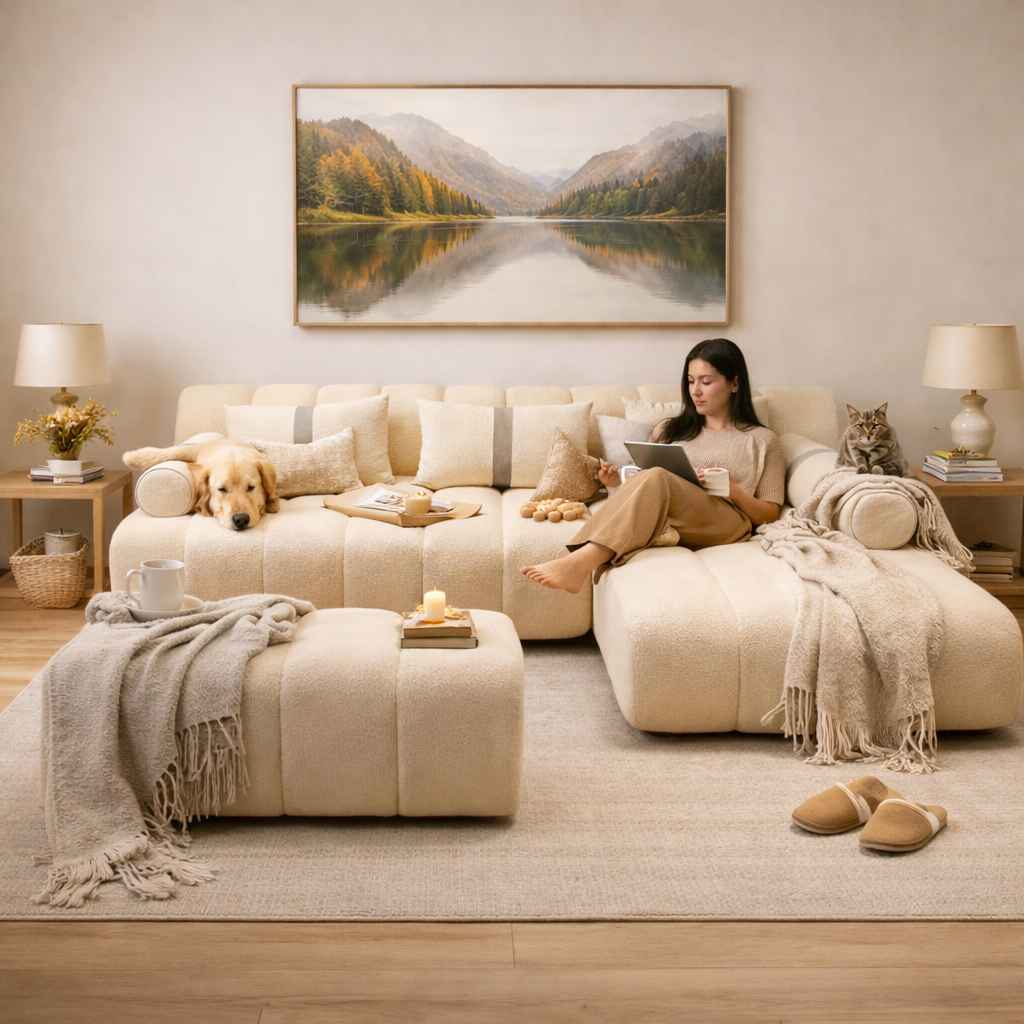 Image 2 for Compa Sofa 3+ Lounger Plus Puffy Buckle Fabric Upholstery Solid Miranda Wood (WH)