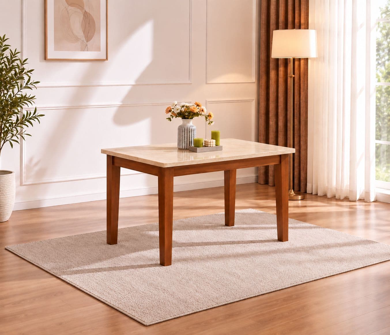 Image 1 for New Model Dining Table 1+4 Seater Marble Top with Rubber Wood and Leather
