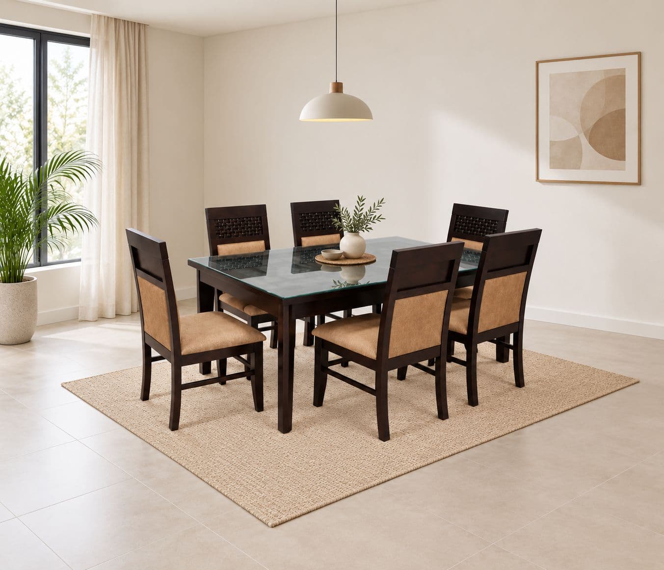 Chocolate DT 6 Seater Assam Teak Wood Dining Set with Fabric Upholstery