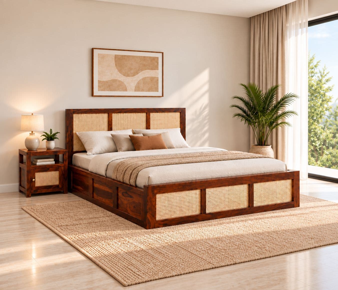 Image 1 for Cane Bed King Rattan Hydraulic Storage Cot Sheesham Wood (RCH RF)(HYD)