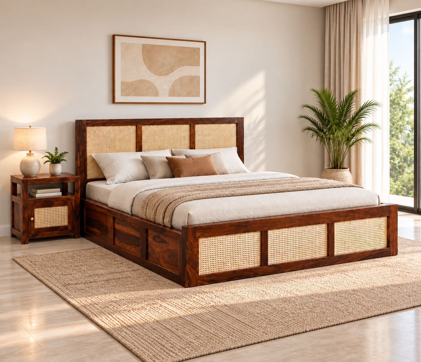 Cane Bed King Rattan Hydraulic Storage Cot Sheesham Wood (RCH RF)