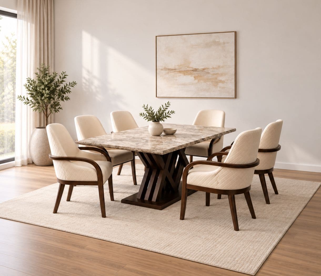 Image 1 for DT 33 6 Seater Bati Marble Dining Set with Premium Leatherette Upholstery (BS-EC)(BS-BWD)(BS-WF)(BS-BSK)