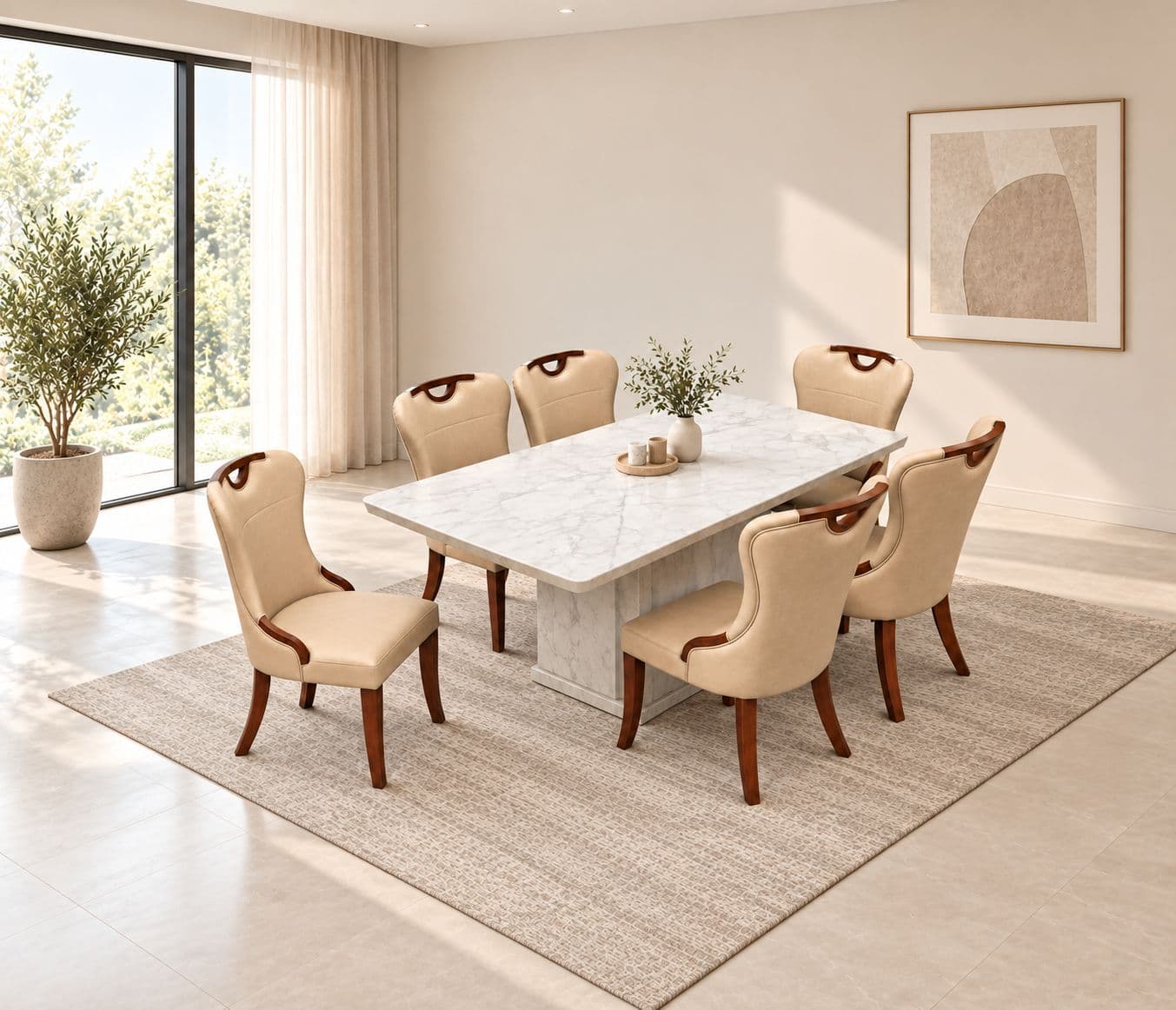 Image 1 for 3980 Dining Table 1+6 Seater 603 Chair Solied Rubber Wood With Artificial Marble Top (EC OTD)