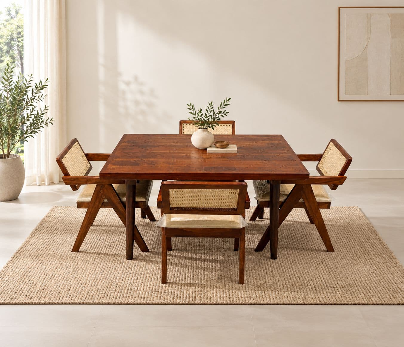 Image 1 for Roma Dining Set 1+4 Seater Sheesham Wood With Fabric Jute And Cane (HYD OTD)
