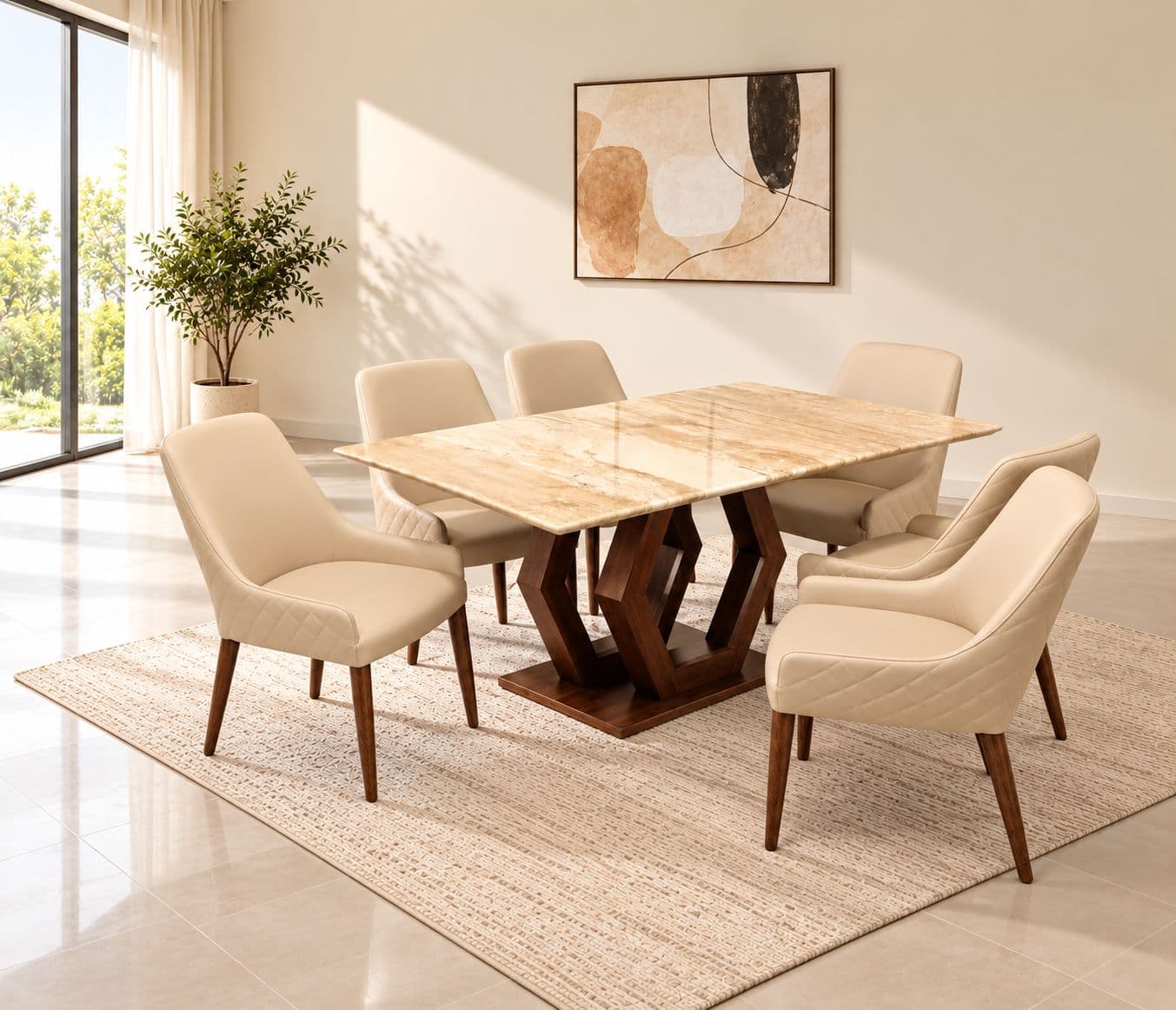 DC364/Dining Set 1+6 Seater DT Axon Dyna Marble Top Base And Chair Solid Ash Wood Leatherette (KORA OTD)