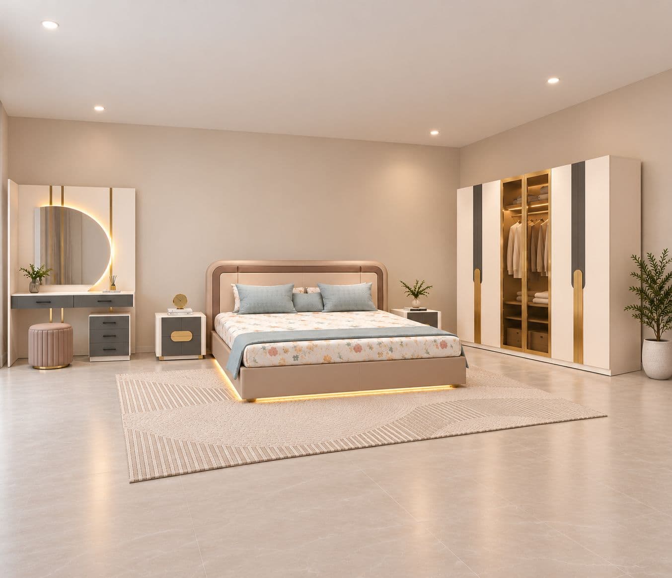 Image 1 for 45005 Bedroom Set King Size 72x78 With Hydraulic Storage + Dresser 2 Bed Side Table + 6 Door Wardrobe (EC OTD)