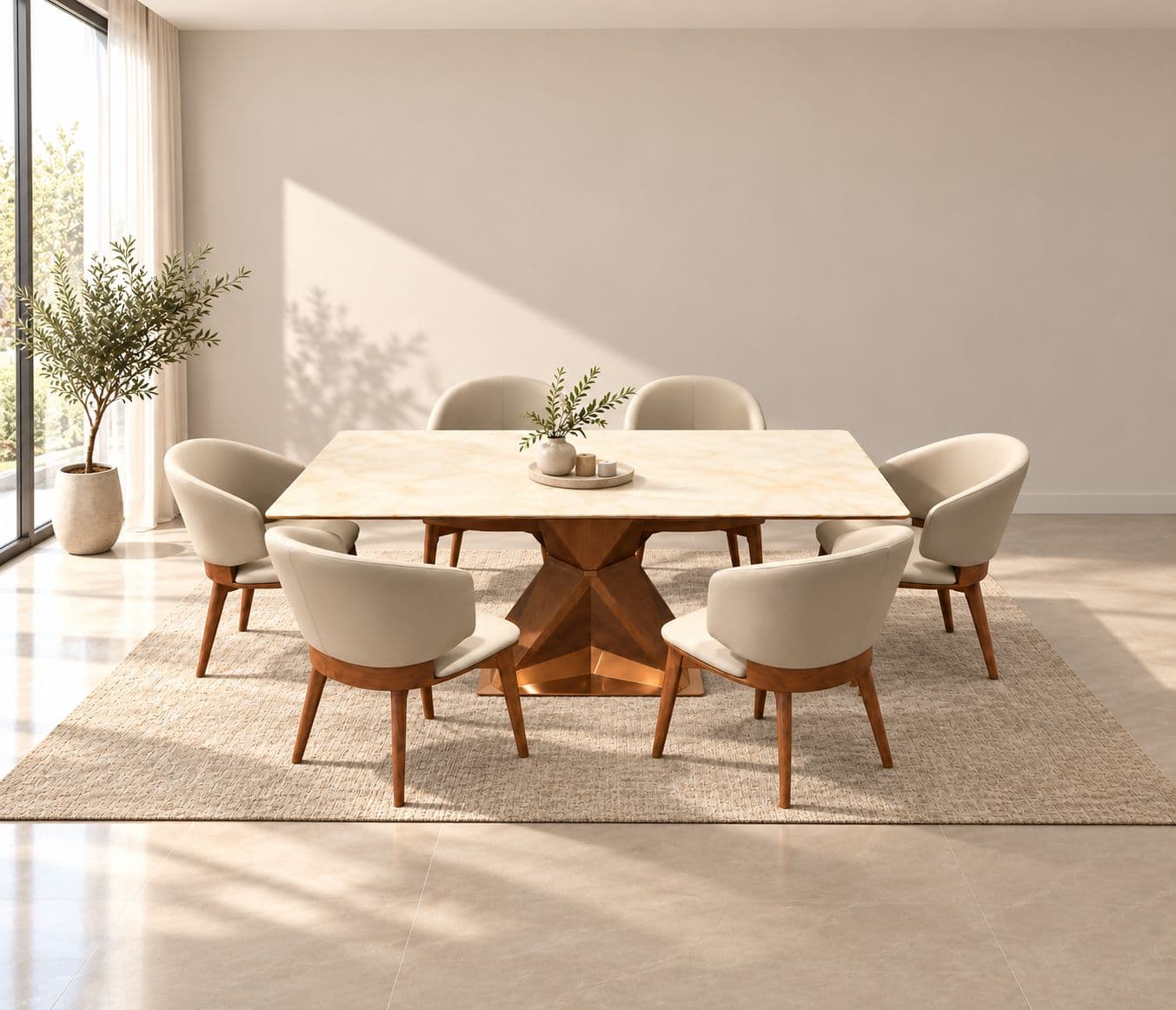 Dining Set 1+6 Seater H-31 / DC 2523/ Onyex Marble Top 170X90 With Ash Wood Base With Metal Strip (HYD)