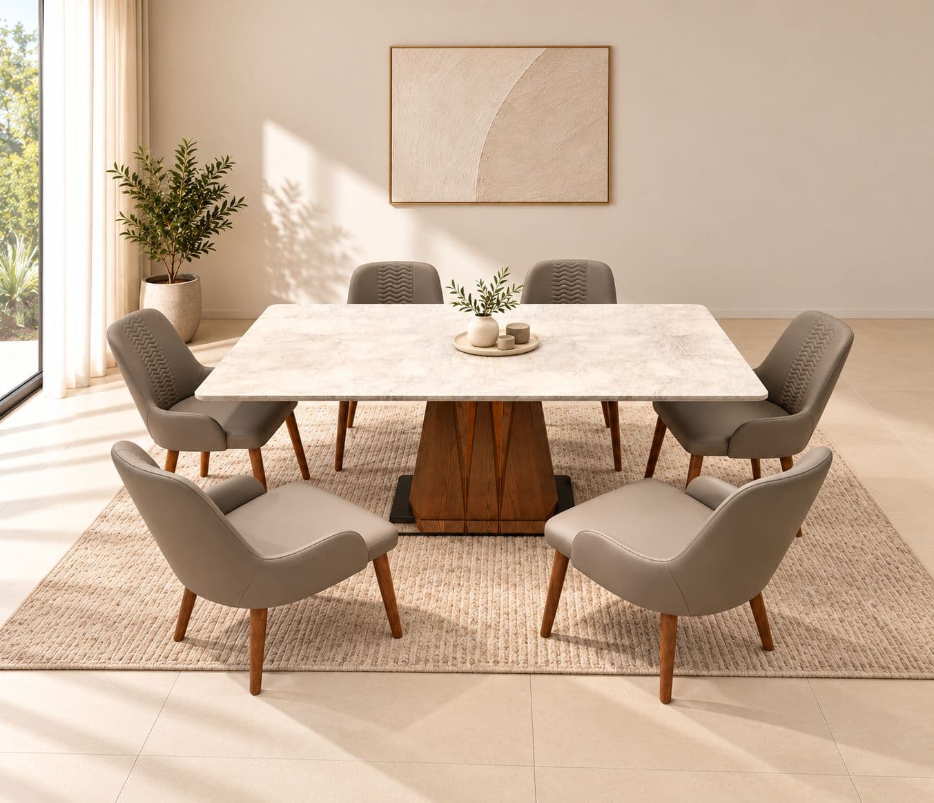 Dining Set 1+6 Seater H22/134-3/DC2305 Marble Top With Ash Wood Base With Metal Strip (HYD)