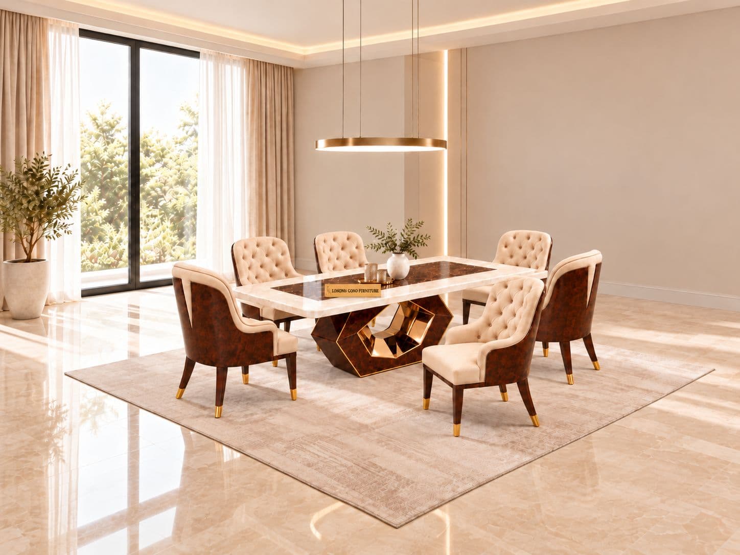 M12 Dining Full Set 1+6 Seater Marble Top With C11 Chairs And B13 Base (PKJ)