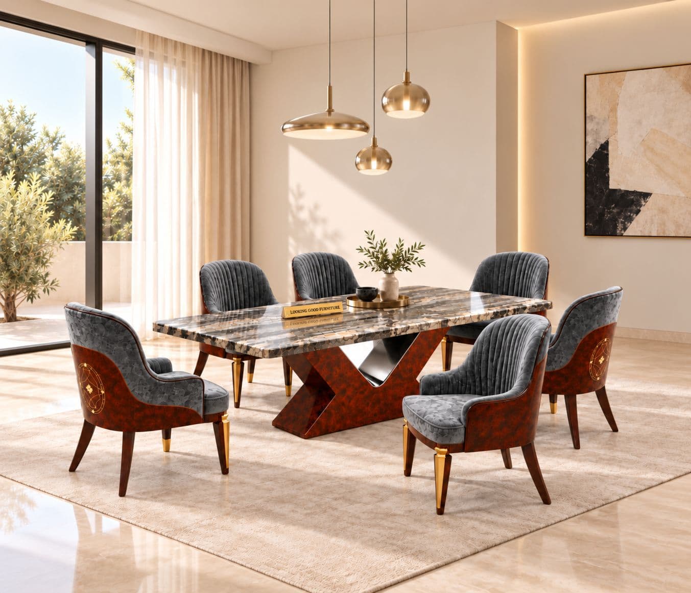 M05 Dining Full Set 1+6 Seater Marble Top With C10 Chairs And B14 Base (PKJ)