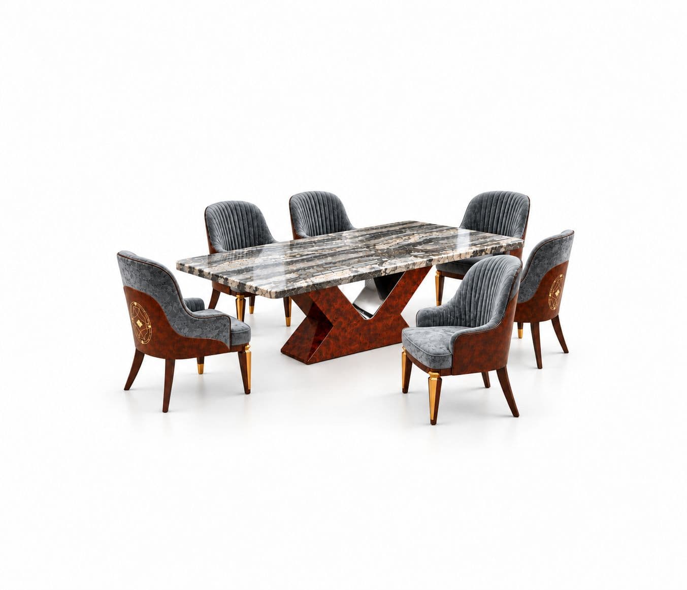 Image 2 for M05 Dining Full Set 1+6 Seater Marble Top With C10 Chairs And B14 Base (PKJ)