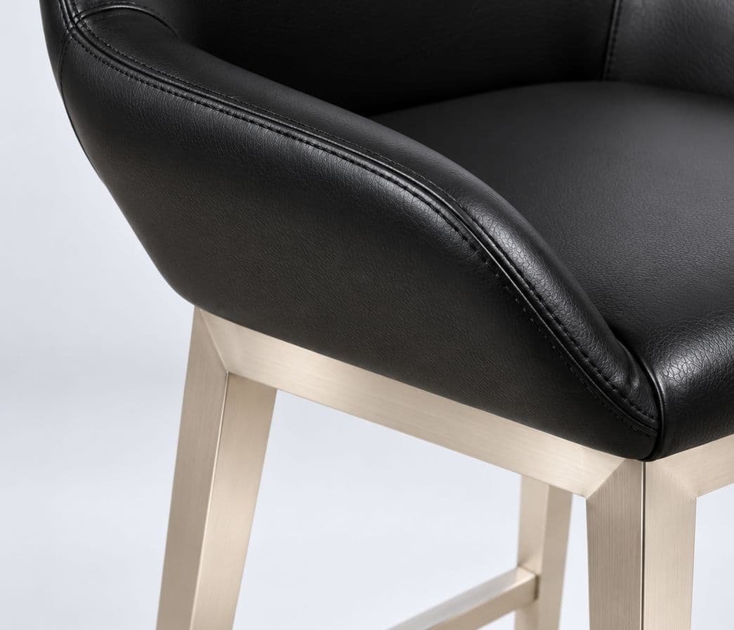 Image 3 for Bar Stool Single Seater Curved Cushioned Backrest With Black Leatherette Integrated Padded Armrests Metal Frame With A Brushed Stainless Four Tapered Metal Legs (HYD OTD)