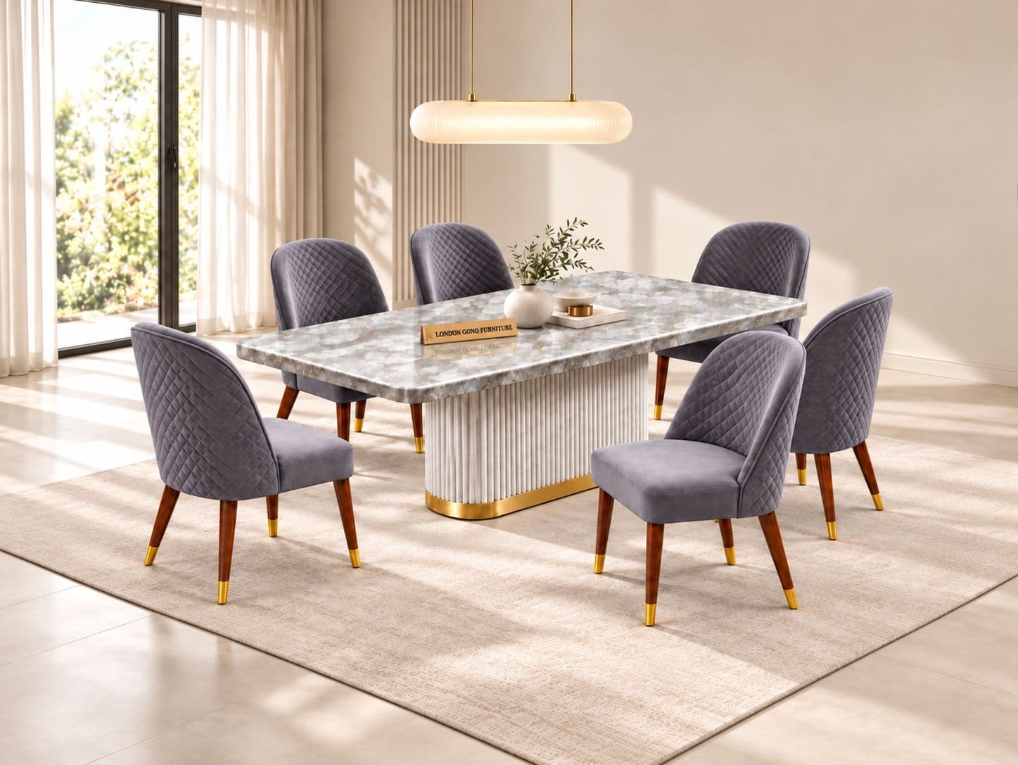 M07 Dining Full Set 1+6 Seater Marble Top With C08 Chairs And B05 Base (PKJ)