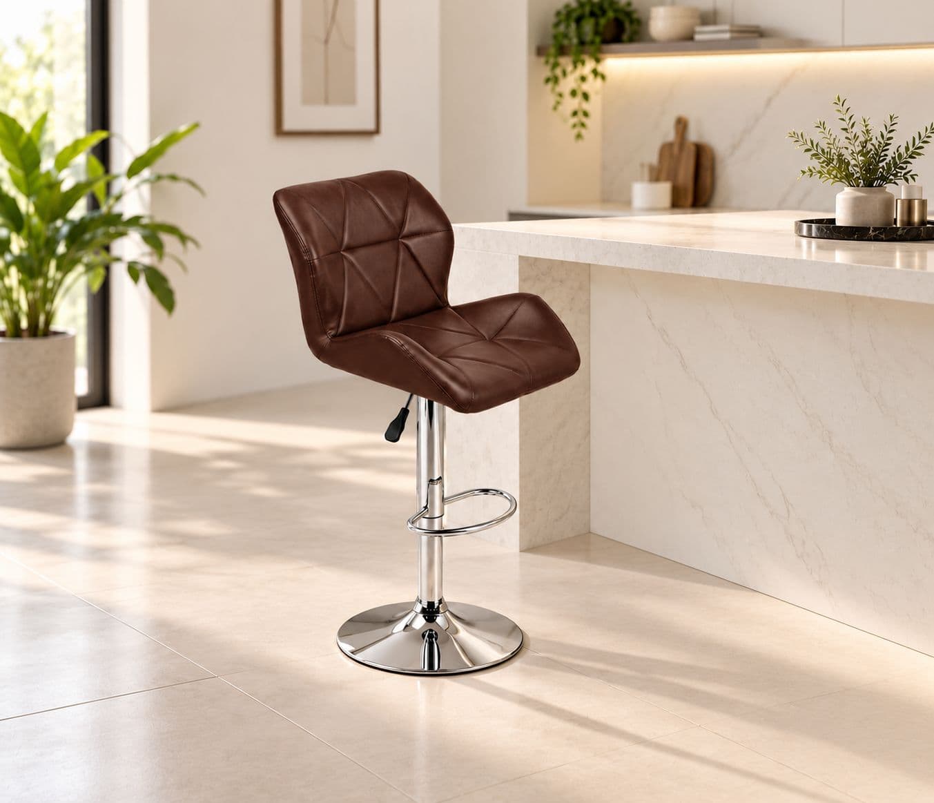 Image 1 for Bar Stool Dark Brown Cushioned Leatherette Metal Internal Support Frame Circular Chrome- Metal Footrest (HYD OTD)