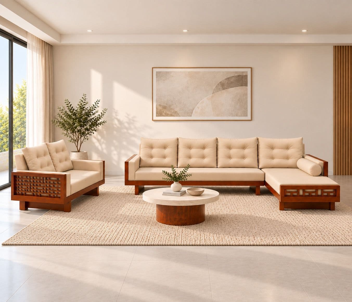 Image 3 for Estonia Sofa 3+ Lounger With 2 Seater High Density Foams And Micro Seude Fabric And Acacia Wood (BTM OTD)