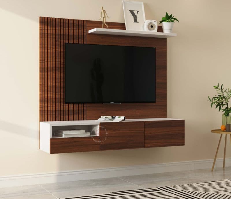 Image 1 for Henry Engineered Wood Wall-Mounted Tv Unit with Shelf & Drawers (Exotic Teak Finish)