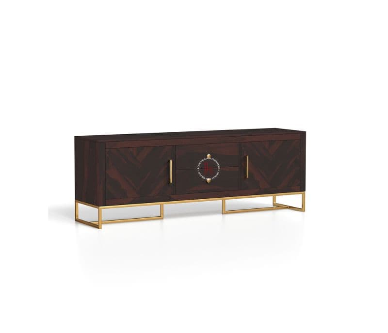 Image 2 for Jais Metal Base Sheesham Wood Tv Unit with Drawers and Cabinets (Honey Finish)